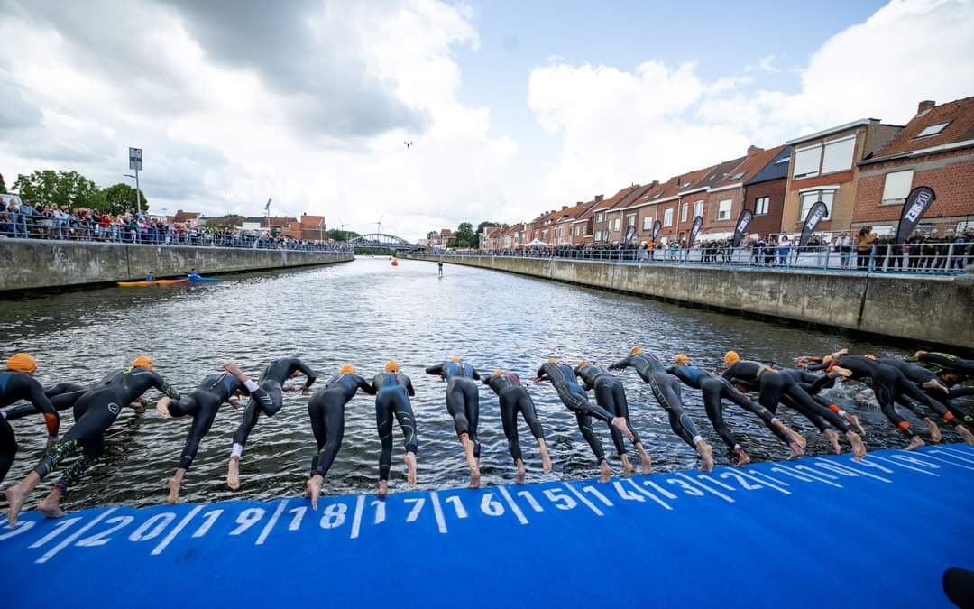 Swimmers performing racing dives into pool during training